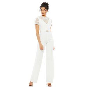 Mac Duggal Belted Illusion High Neck Cap Sleeve Jumpsuit White 2 #8325